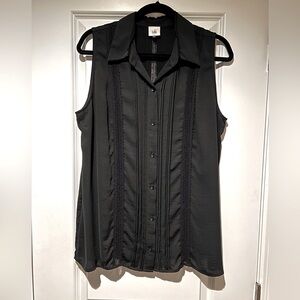 CAbi Jagger Blouse/Top, Sleeveless, Black, Size Large, Lace Panels.